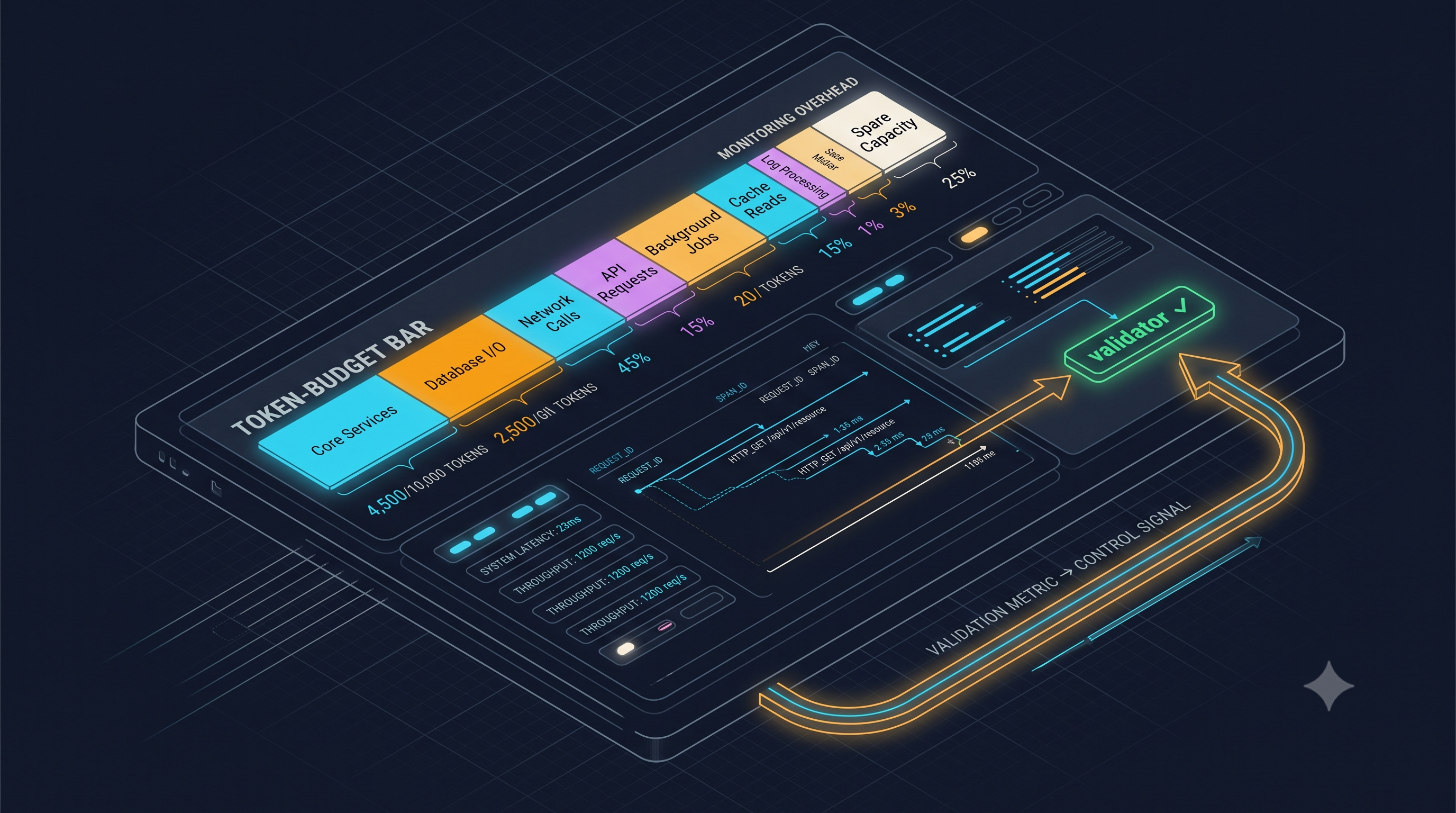 Token budget telemetry schema. Each field maps to one term in C_turn; emitted as OpenTelemetry GenAI attributes so cost is queryable per-tenant alongside latency.