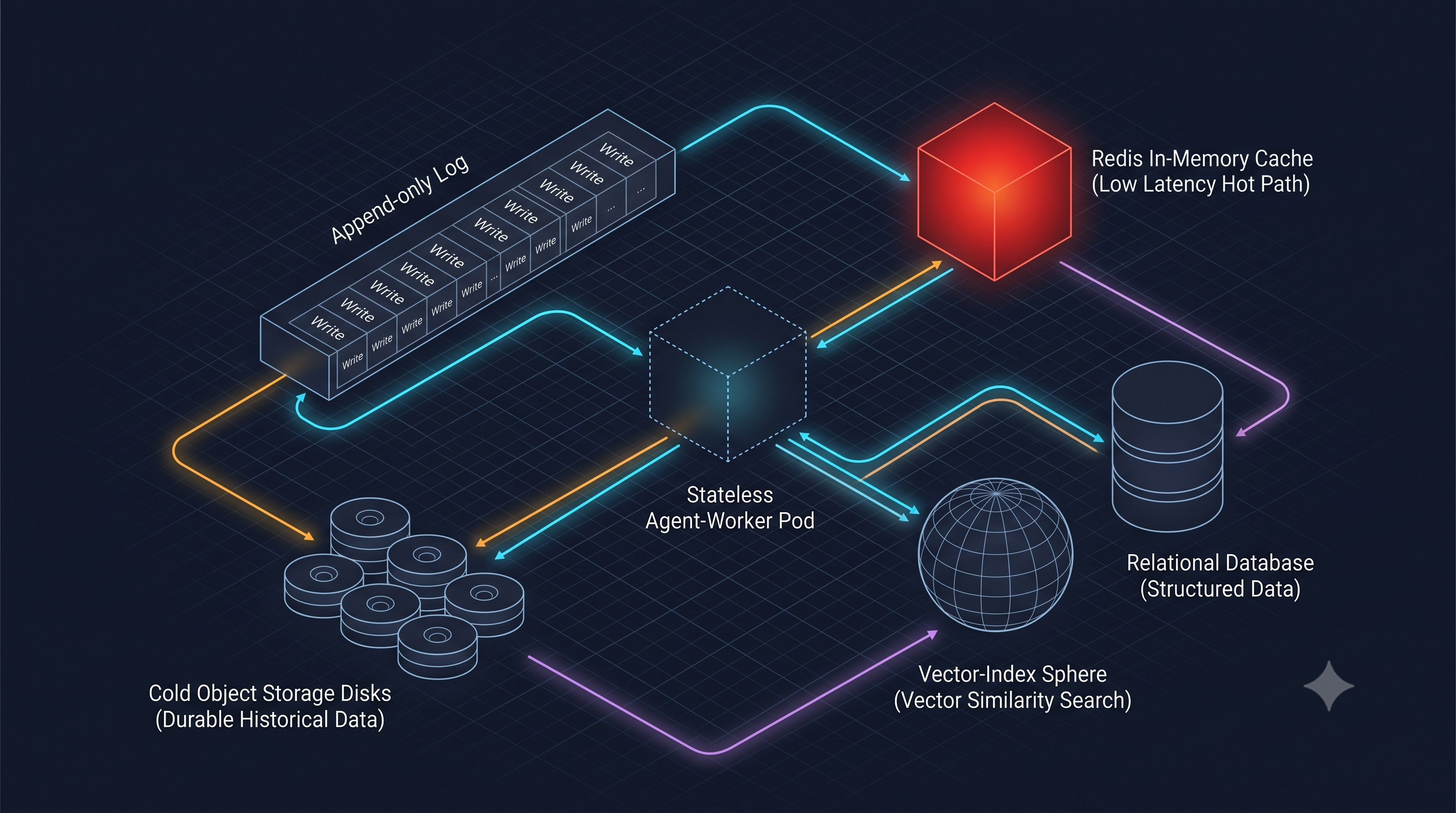 Storage tier-to-infrastructure mapping. Tier B (Redis) is on the hot path; Tier A (Kafka → object storage) is write-optimized and never in context; Tier C (vector DB + row store) supports semantic retrieval with canonical durability.