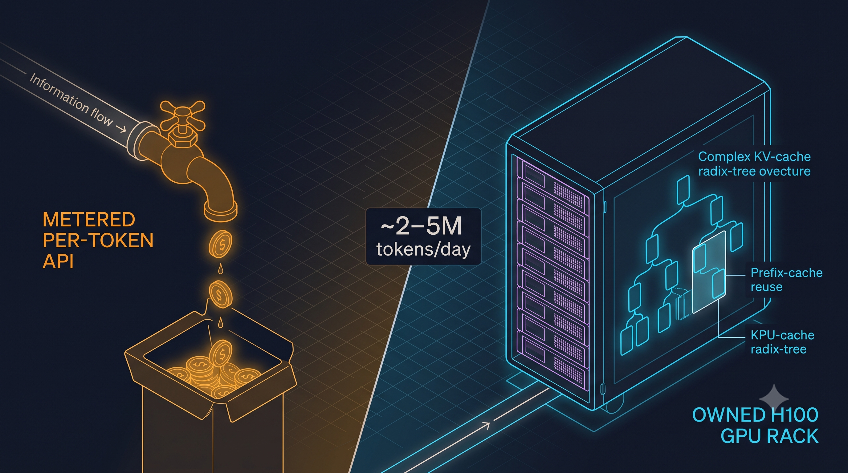 Self-hosted model footprint vs. context capability (2026 snapshot). The self-hosting breakeven at 2–5M tokens/day shifts the optimization target from per-token cost to GPU-seconds and effective context quality.