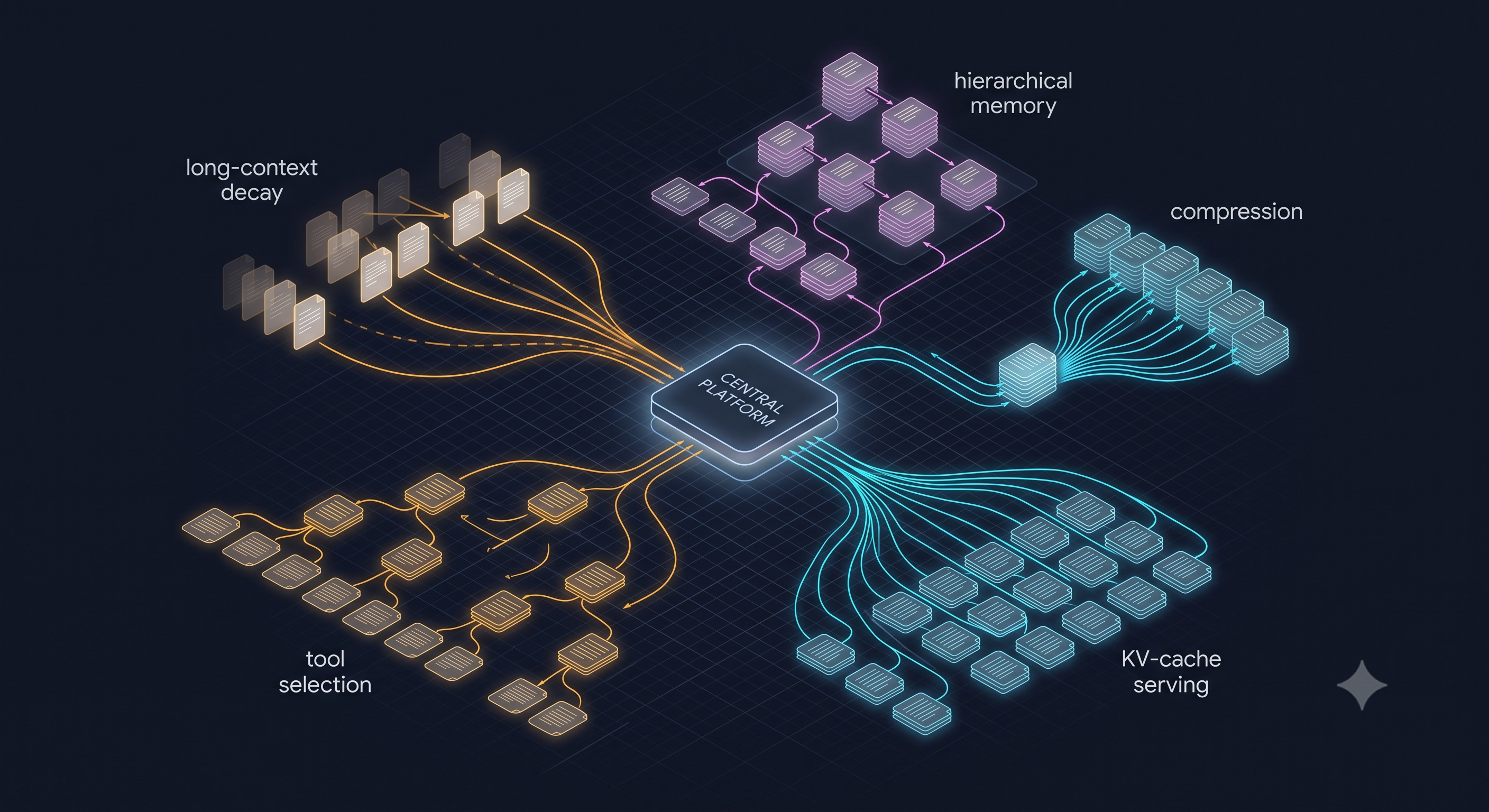 The research foundation, organized by the term of C_turn each body of work attacks: long-context degradation, hierarchical memory, prompt compression, tool selection at scale, agent reasoning patterns, and serving-layer KV cache.