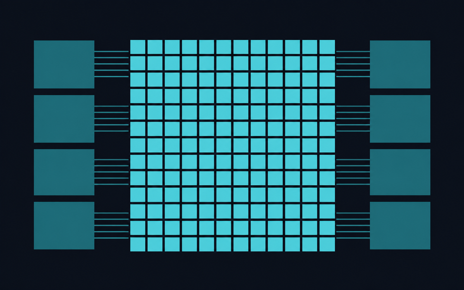 A processor die floorplan: a grid of compute tiles flanked by memory stacks.